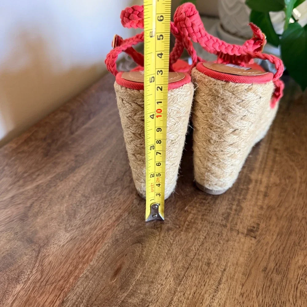 Steve Madden Manngo Wedge Sandal Womens 8 Coral Red Macrame Espadrille Boho Heel